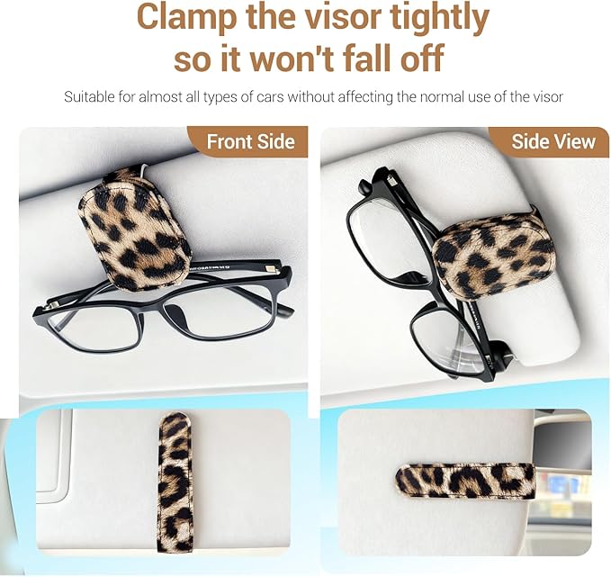 Sunglass Holder for Car, Universal Magnetic Car Sun Visor Eyeglass Holder, Leather Glasses Clip for Car, Ticket Card Clip (1, Leopard)