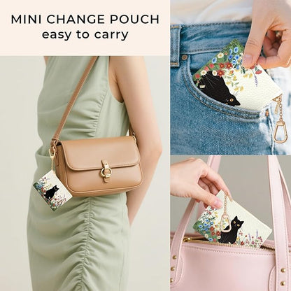 Black Cat Flower Floral Keychain Coin Purse for Women, Small PU Leather Change Pouch, Zipper Little Tiny Travel Wallet for Girls, Cute Kawaii Zip Pocket Coin Holder with Key Ring