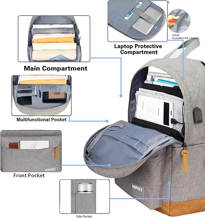 Laptop Backpack with Leather Decoration, USB Charging Port, Classic Backpack for College, Work, Travel(18 Inches/Light Grey)