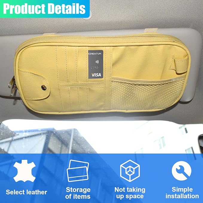ZIMISI Car Visor Organizer, Double Zipper Sunglass Holder with Elastic Bands, PU Leather Car Storage Holder, Multi-Pocket Storage Pouch, Sun Visor Organizer for Most Cars (Beige)