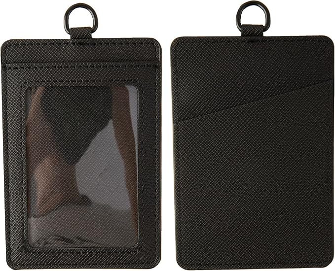 Leather ID Badge Holder,Slim Minimalist Elastic Credit Card Holder, Vertical Credit Card Holder for Men & Women with Neck Lanyard (Black-A)