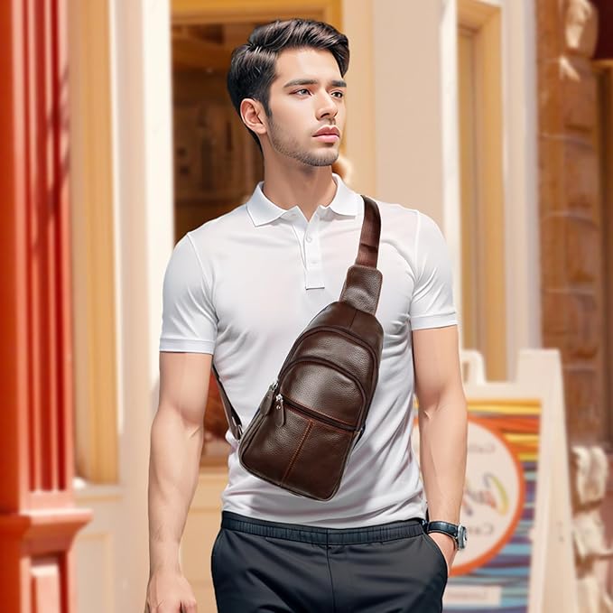 molshine Genuine Leather Sling Crossbody Bag,Fashion Chest,Casual Shoulder Bag for Men Women Work Travel Cycling HB024