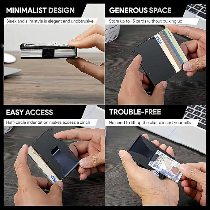 Leatherboss Wallet for Men RFID Blocking Minimalist Metal Card Holder with Money Clip Holds Credit Cards and Cash (Midnight Black Carbon)