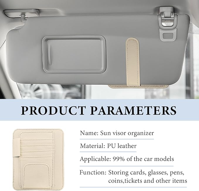 Small Leather Car Sun Visor Organizer, Auto Visor Pouch Card Sleeve Pocket with Sunglasses Clip, Multifunctional Sunvisor Wallet Holder for Driving License Pen Tickets (Beige)