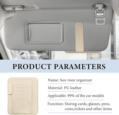 Small Leather Car Sun Visor Organizer, Auto Visor Pouch Card Sleeve Pocket with Sunglasses Clip, Multifunctional Sunvisor Wallet Holder for Driving License Pen Tickets (Beige)