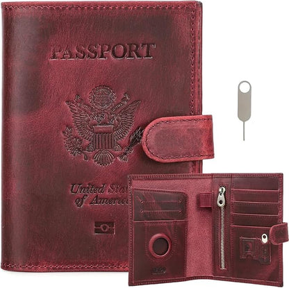 CONTACTS Full Grain Leather Passport Holder Compatible with Airtag RFID Blocking Passport Wallet Travel Slim Passport Cover with SIM Card Removal Tool (Bagde, Red)