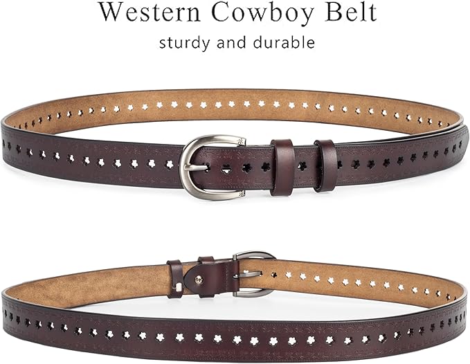 INOGIH Women Vintage Floral Engraved Embossed Genuine Western Leather Belt for Jeans Dresse