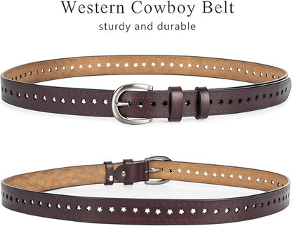 INOGIH Women Vintage Floral Engraved Embossed Genuine Western Leather Belt for Jeans Dresse