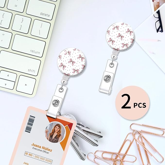 2 Pack Badge Reels Holder Retractable with ID Clip for Nurse Name Tag Card Nursing for Doctor Teacher Student Employee Office Medical Work (Pink Ribbon Bow)