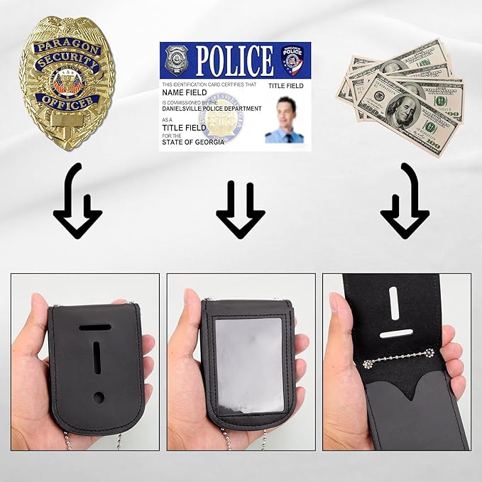 BESARME Police Badge Holder Belt Clip Cowhide Leather Badge Holders Universal Law Enforcement Security Badges Holder with Stainless Bead Chain（Rectangle）