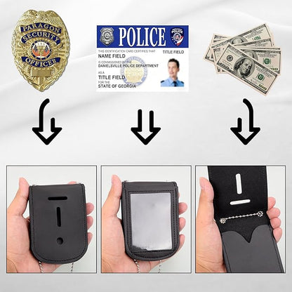 BESARME Police Badge Holder Belt Clip Cowhide Leather Badge Holders Universal Law Enforcement Security Badges Holder with Stainless Bead Chain（Rectangle）