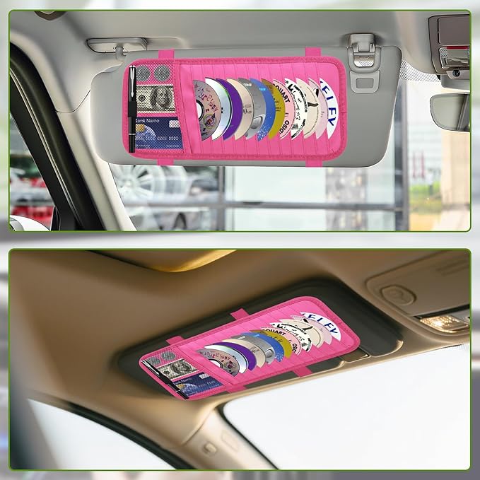 Car CD & DVD Holder - Large Capacity CD Visor Case, Vehicle Visor Storage Organizer with 12 Disc Sleeves, 1 Mesh Pocket 1 Pen Holder and & Elastic Band (Pink)