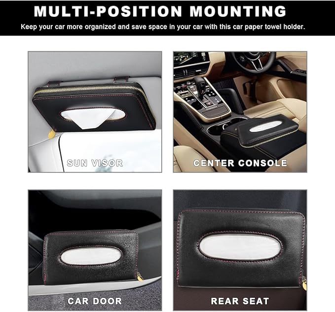 Car Tissue Holder, Sun Visor Napkin Box Premium PU Leather Tissue Case with Zipper, Rectangular Hanging Paper Organizer Mask Dispenser for Sedans SUVs Trucks, Car Accessories (Beige)