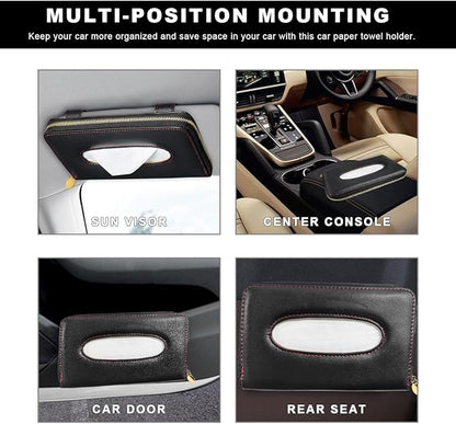 Car Tissue Holder, Sun Visor Napkin Box Premium PU Leather Tissue Case with Zipper, Rectangular Hanging Paper Organizer Mask Dispenser for Sedans SUVs Trucks, Car Accessories (Gray)