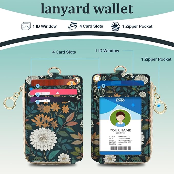 Weeds Lanyards for ID Badges, PU Leather Lanyard Wallet, RFID Blocking, ID Badge Holder with Zipper Pocket Detachable Phone Lanyard Keychain Wristlet for Teacher Nurse Office