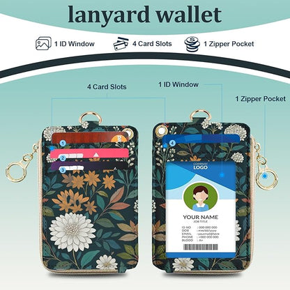 Weeds Lanyards for ID Badges, PU Leather Lanyard Wallet, RFID Blocking, ID Badge Holder with Zipper Pocket Detachable Phone Lanyard Keychain Wristlet for Teacher Nurse Office