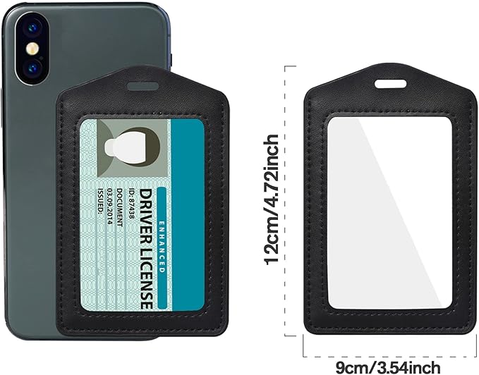 Vin Beauty 2 Pack Genuine Leather ID Badge Holders, Vertical ID Card Holders with Dual-Side Clear Window, Waterproof Name Badge Holde Suit for Office, Staff, Students, Employees(Black&Black)