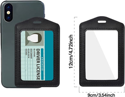Vin Beauty 2 Pack Genuine Leather ID Badge Holders, Vertical ID Card Holders with Dual-Side Clear Window, Waterproof Name Badge Holde Suit for Office, Staff, Students, Employees(Black&Black)