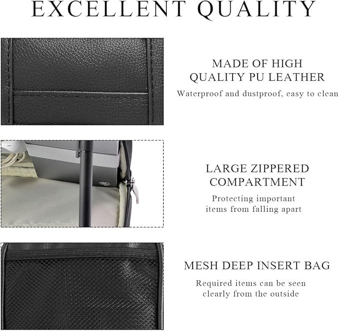 DXNQ Car Sun Visor Organizer, Double Zipper Leather Visor Storage Pouch with Multi-Pocket, Sunglass Holder Storage Pocket with Elastic Band for Cars SUVs Trucks, Car Accessories (Black)