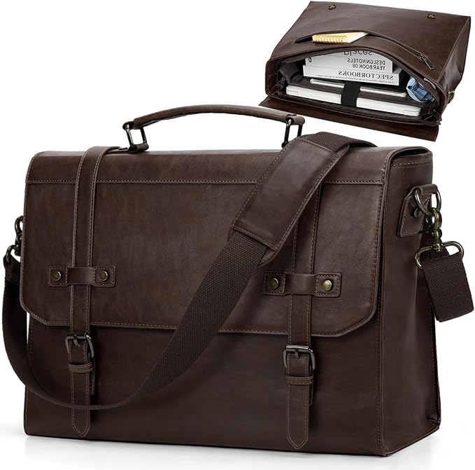 RAINSMORE Mens Messenger Bag 17 Inch Waterproof Vintage Leather Laptop Briefcase Large Laptop Bag Satchel Bag Computer Shoulder Bag for Office Business Travel College,Brown