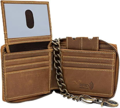 RFID Safe Leather Bi-fold Chain Wallet for Men Zip around Purse for Women Biker's Trucker YKK Metal Zipper Closure Filp up window ID (Vintage Brown with Chain)