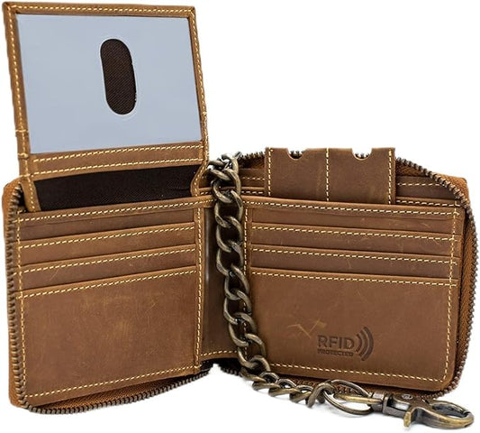 RFID Safe Leather Bi-fold Chain Wallet for Men Zip around Purse for Women Biker's Trucker YKK Metal Zipper Closure Filp up window ID (Vintage Brown with Chain)