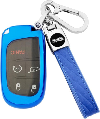 XIYANG TRADE for Jeep Key Fob Cover with Keychain,Soft TPU Key Case Shell Full Protection for Grand Cherokee Renegade Chrysler 200 300 Dodge RAM Durango Challenger Journey Dart Compass Charger(Blue)