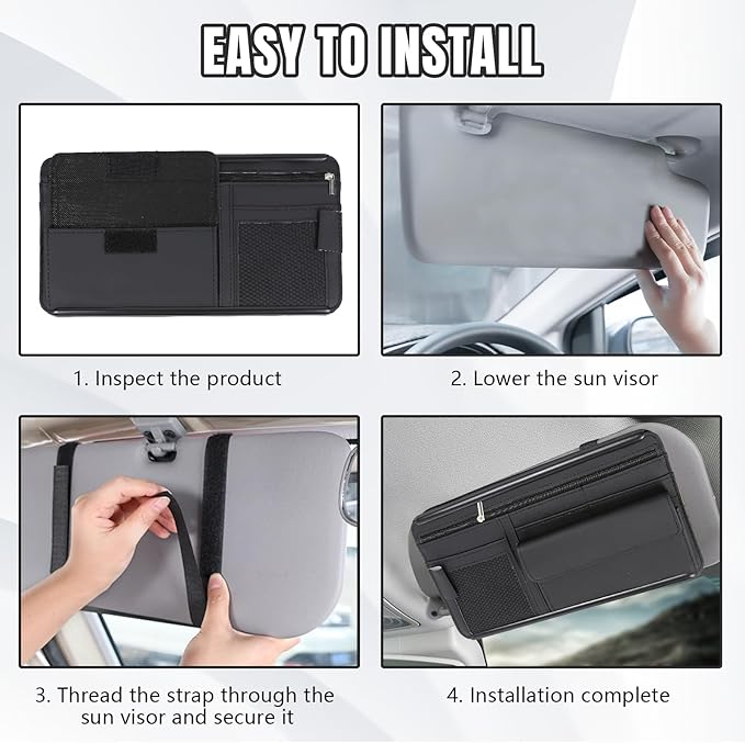 Hovom Car Visor Organizer, Leather Multi-Pocket Auto Sun Visor Storage Pouch with Sunglasses Holder, Card Holder, Zipper Pocket, Net Pocket, Pen Slot, Universal Interior Car Accessories (Black)
