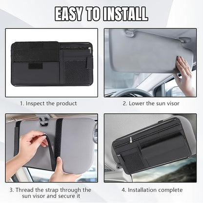 Hovom Car Visor Organizer, Leather Multi-Pocket Auto Sun Visor Storage Pouch with Sunglasses Holder, Card Holder, Zipper Pocket, Net Pocket, Pen Slot, Universal Interior Car Accessories (Black)