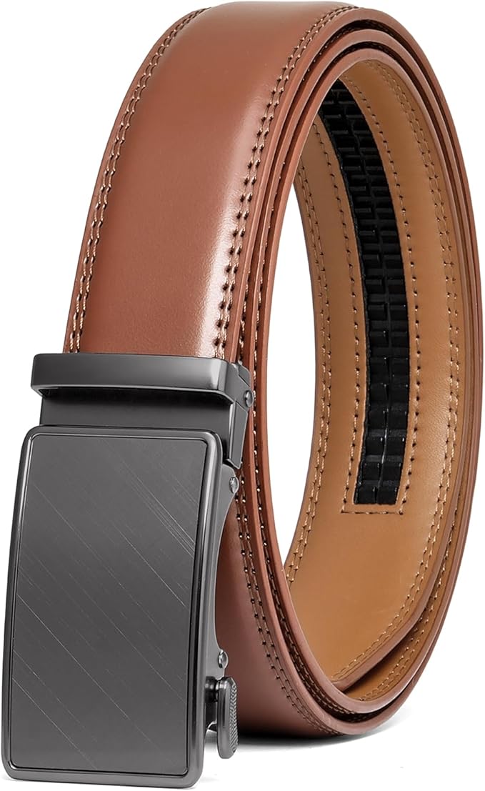 SENDEFN Men's Leather Belt Automatic Ratchet Buckle Slide Belt for Dress Casual Trim to Fit with Gift Box
