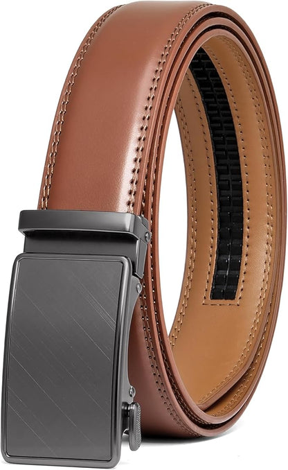 SENDEFN Men's Leather Belt Automatic Ratchet Buckle Slide Belt for Dress Casual Trim to Fit with Gift Box