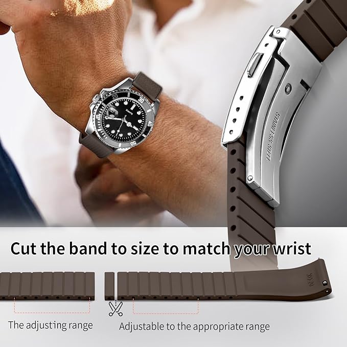 ULLCHRO FKM Rubber Watch Strap, Cut to Size Quick Release Fluororubber Watch Band Soft Replacement Watchband with Silver Milled Clasp for Men Women 18mm 19mm 20mm 21mm 22mm