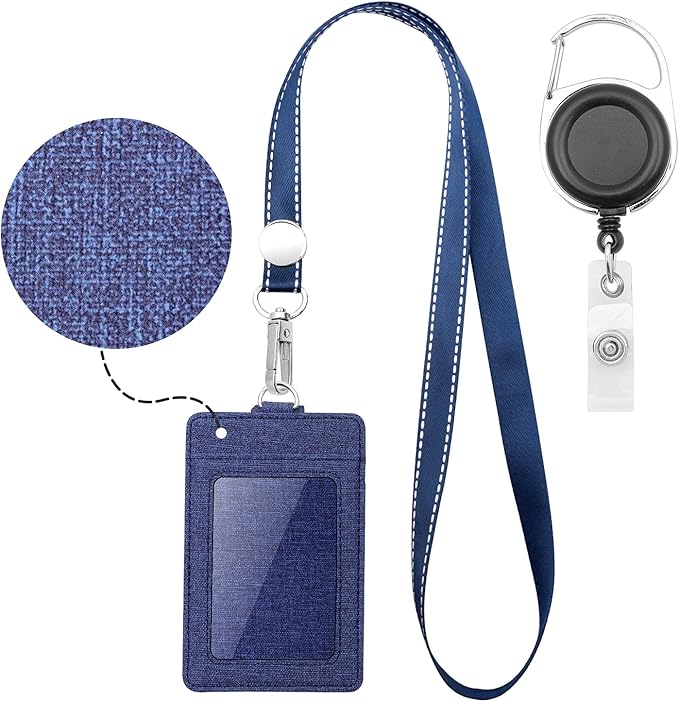 Life-Mate Badge Holder - Leather ID Badge Card Holder Wallet Case with 3 Cards Slot and Neck Lanyard/Strap. Additional Retractable Badge Reel with Belt Clip (Dark Blue, Linen Finish)