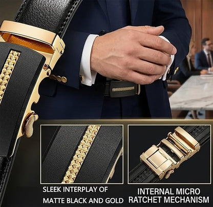 JINIU Men's Ratchet Belt Buckle, Black Genuine Leather Slide Belt for Men Dress Suit, Micro Adjustable Trim to Fit Boxed