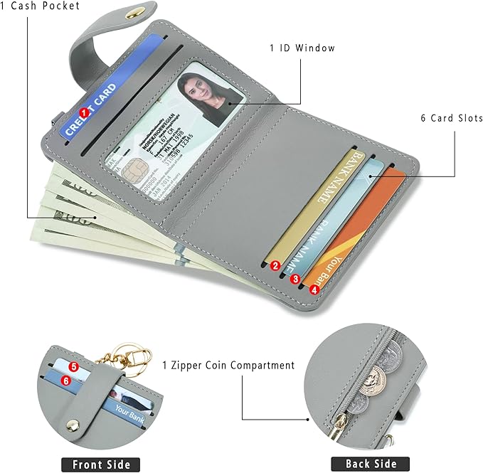 Airkit Small Wallets Woman RFID Blocking Leather Credit Card Holder - with ID Window - Card Wallets for Women - with Zipper Coin Purse - Keychain Wallet