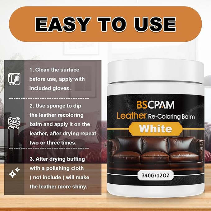 White Leather Recoloring Balm, 12oz Leather Color Restorer for Couches, Leather Repair Kit for Furniture, Leather Dye for Leather Fade, Leather Repair Restore car seat