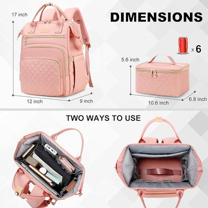 Lunch Backpack, 15.6 inch Laptop Backpack with Insulated Lunch Bag, Backpack Cooler for Women, Large Travel Backpack Lunch Box Compartment, Work Computer Backpack, Teacher College Book Bag, Pink