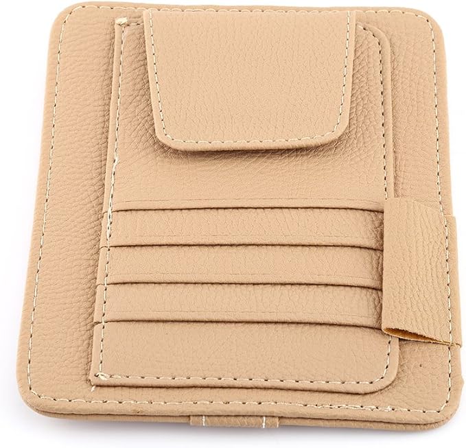 Multi-function Car Sun Visor Organizer Card Storage Glasses Holder Clip Pouch Bag Hanging Holder PU Leather(Beige)