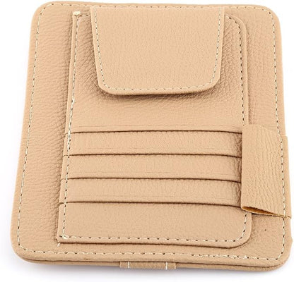 Multi-function Car Sun Visor Organizer Card Storage Glasses Holder Clip Pouch Bag Hanging Holder PU Leather(Beige)