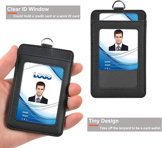 PU Leather ID Badge Holder, Life-Mate ID Badge Holder with 1 Clear ID Window 1 Credit Card Slot and PU Leather Lanyard for Badge Credit Cards College ID Cards in Black