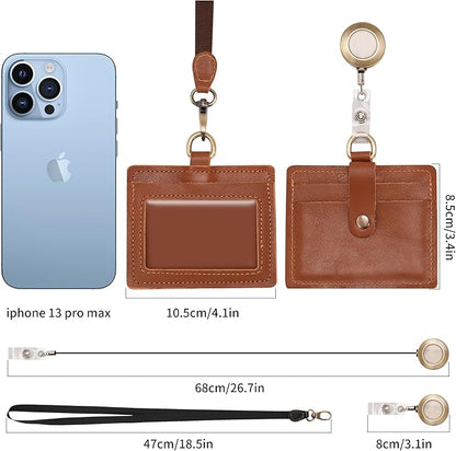 Wonderpool Leather Horizontal Badge Holder with Detachable Neck Lanyard and Retractable Badge Reel Clip, Card Slots Case ID Card Holder for ID Badges Card and Driver Licence (Brown)