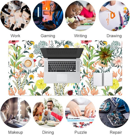QiyI Floral Large Mouse Pad, Colorful Desk Mat for Desktop, Women Girls Desk Accessories Office Décor, PU Leather Waterproof Big Gaming Mousepad, Blooming Flowers Desk Pad Computer Mat, 31.5" x 15.7"