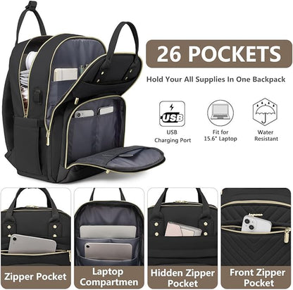Laptop Backpack for Women Work Bag - 15.6 inch Black Travel Backpack College Backpack with USB Charger Business Office Back Pack for Teacher Casual Waterproof Bookbag for Nurses