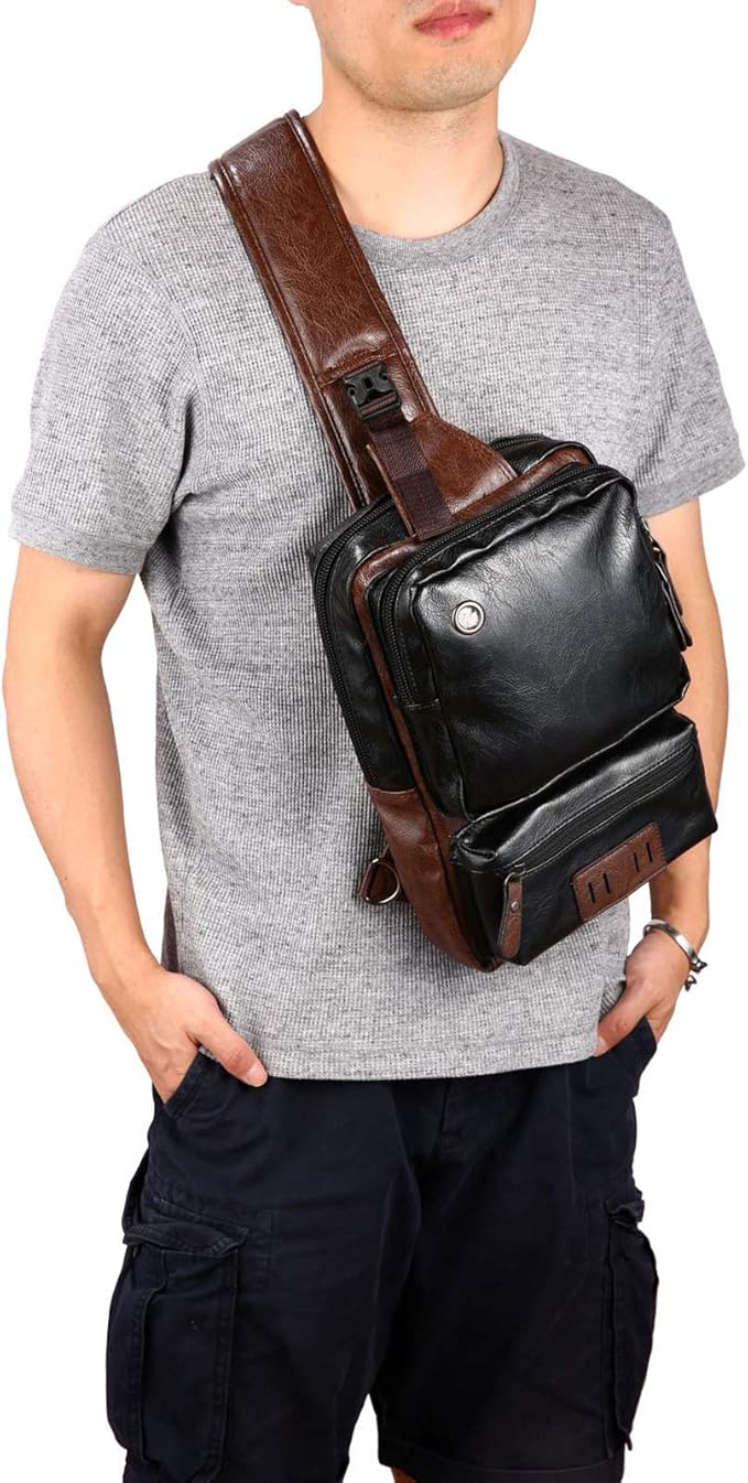 Men's Lightweight PU Leather Sling Bag - Breathable Crossbody Pack with USB Charging Port & 6 Pockets, Easy Access Organizer for Tablet/Gym Essentials - Commute, Travel, Work(Black)