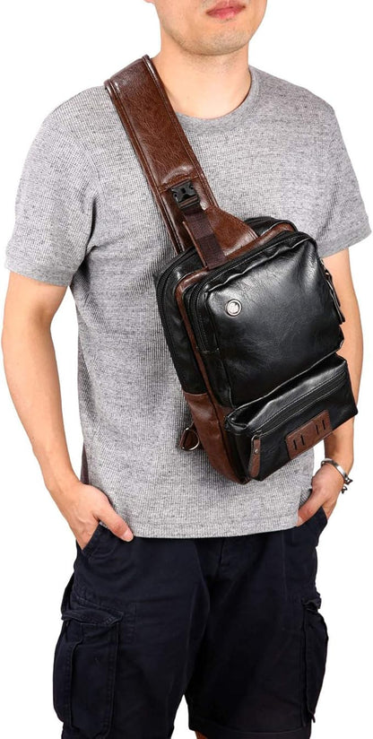 Men's Lightweight PU Leather Sling Bag - Breathable Crossbody Pack with USB Charging Port & 6 Pockets, Easy Access Organizer for Tablet/Gym Essentials - Commute, Travel, Work(Black)