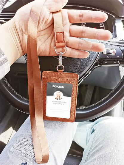 Leather ID Badge Holder,Slim Minimalist Elastic Credit Card Holder, Vertical Credit Card Holder for Men & Women with Neck Lanyard (Brown-A)