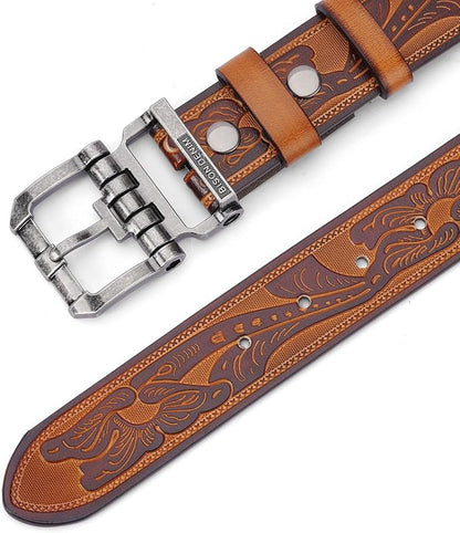 BISON DENIM Men's Genuine Leather Casual Belt, Classic Western Cowboy Dress Belts