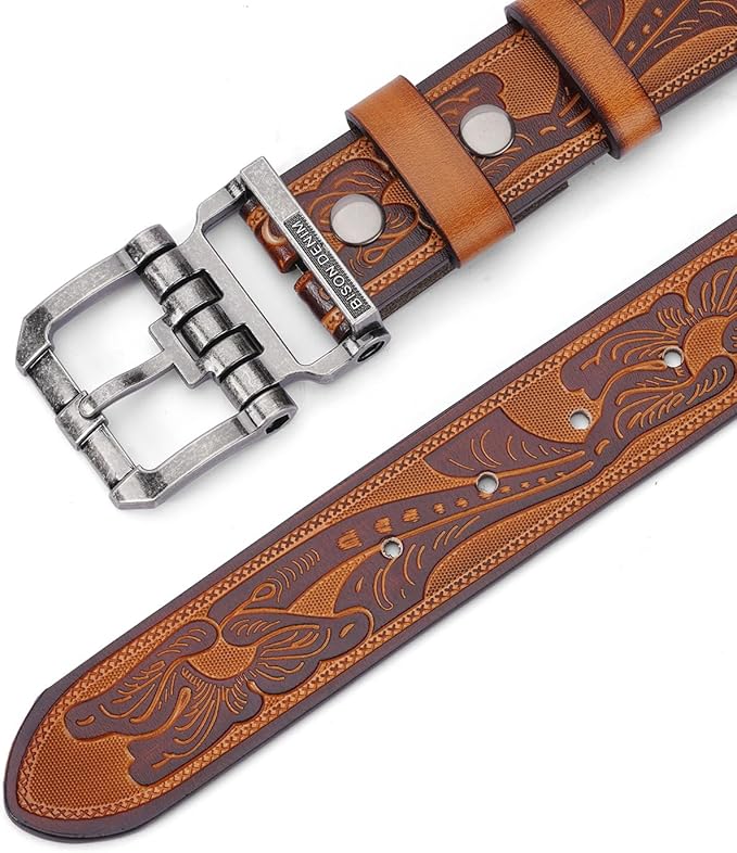 BISON DENIM Men's Genuine Leather Casual Belt, Classic Western Cowboy Dress Belts