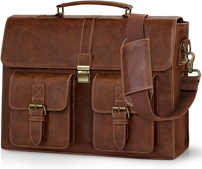 RAINSMORE Mens Messenger Bag 18 Inch Leather Vintage Laptop Briefcase Waterproof Computer Laptop Bag Leather Satchel Bag Large Shoulder Bag for Office Work Travel College, Brown