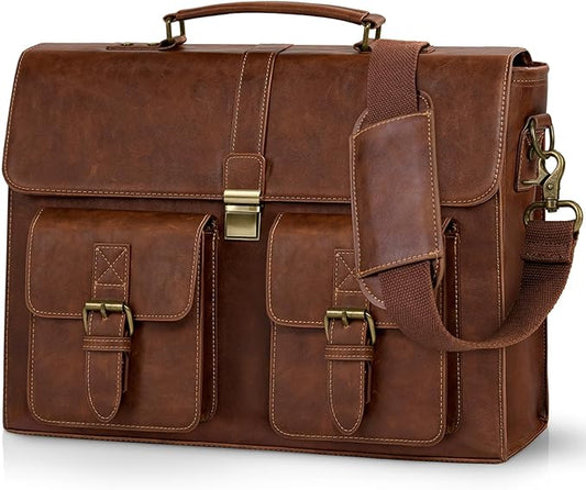 RAINSMORE Mens Messenger Bag 18 Inch Leather Vintage Laptop Briefcase Waterproof Computer Laptop Bag Leather Satchel Bag Large Shoulder Bag for Office Work Travel College, Brown